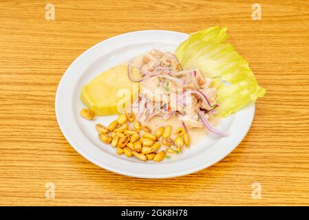 Plat de ceviche de poisson péruvien avec garniture de cour et pommes de terre cuites sur une assiette blanche Banque D'Images