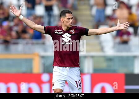 Turin, Italie. 12 septembre 2021. SASA Lukic de Torino Calcio réagit pendant la série Un match de football 2021/2022 entre le FC de Torino et le US Salernitana au Stadio Olimpico Grande Torino à Turin (Italie), le 12 septembre 2021. Photo Giuliano Marchisciano/Insidefoto Credit: Insidefoto srl/Alay Live News Banque D'Images