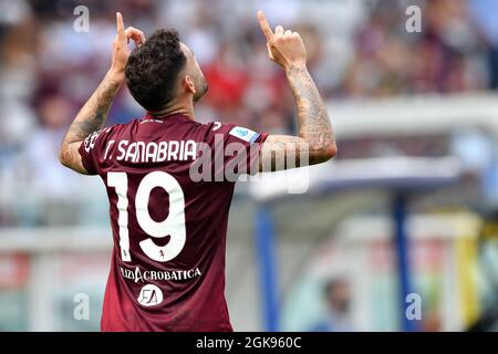 Turin, Italie. 12 septembre 2021. Antonio Sanabria de Torino Calcio célèbre après avoir marquant un but lors de la série Un match de football 2021/2022 entre le FC de Torino et l'US Salernitana au Stadio Olimpico Grande Torino à Turin (Italie), le 12 septembre 2021. Photo Giuliano Marchisciano/Insidefoto Credit: Insidefoto srl/Alay Live News Banque D'Images