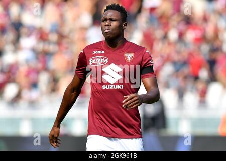 Turin, Italie. 12 septembre 2021. Wilfried Singo de Torino Calcio réagit lors de la série Un match de football 2021/2022 entre le Torino FC et l'US Salernitana au Stadio Olimpico Grande Torino à Turin (Italie), le 12 septembre 2021. Photo Giuliano Marchisciano/Insidefoto Credit: Insidefoto srl/Alay Live News Banque D'Images