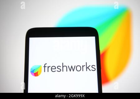 Ukraine. 13 septembre 2021. Dans cette illustration, un logo Freshworks Inc est visible sur l'écran d'un smartphone. (Credit image: © Pavlo Gonchar/SOPA Images via ZUMA Press Wire) Banque D'Images