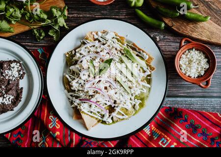 chilaquiles mexicaines avec poulet et sauce verte épicée petit-déjeuner traditionnel au Mexique. Vue horizontale sur le dessus Banque D'Images