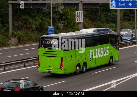 Un bus de tourisme du groupe FLIXBUS sur l'autoroute Banque D'Images