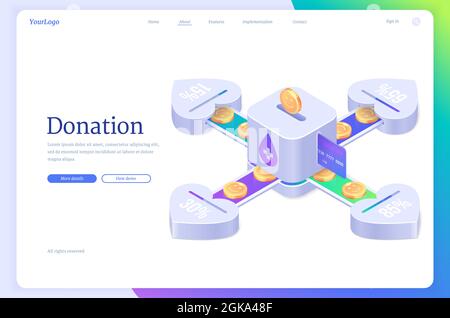 Page de renvoi isométrique de don. La charité, le bénévolat et l'aide sociale, les pièces tombent dans la fente de la boîte d'argent et se divisent entre les cœurs pour les besoins d'aide à la fondation. Aide philanthropique 3d vecteur web bannière Illustration de Vecteur