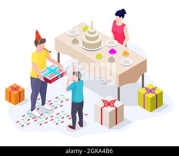 Fête d'anniversaire avec cadeaux et gâteau, illustration isométrique à vecteur plat. Illustration de Vecteur