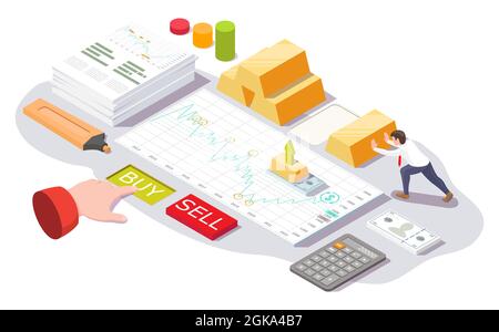 Homme d'affaires achetant des lingots d'or, illustration isométrique de vecteur.Investir dans le concept or. Illustration de Vecteur