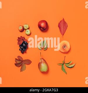 Automne fruits pommes poires raisins feuilles déchappées tapissés de fond orange motif. Aménagement de l'automne vintage Banque D'Images