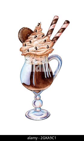 Cocktail au chocolat aquarelle avec biscuits et pailles. Café avec lait et crème dans un verre. Boisson au cacao avec crème et chips de chocolat. LUN Banque D'Images