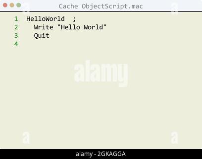 Cache ObjectScript langue Hello World exemple de programme dans l'illustration de la fenêtre de l'éditeur Illustration de Vecteur