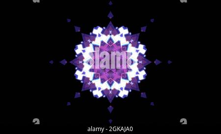 Illustration 3D 4K UHD de néons géométriques de couleurs violet et blanc formant un ornement en forme d'étoile brillant sur fond noir Banque D'Images