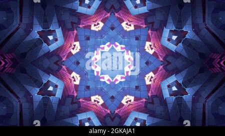 Illustration 3D 4K UHD d'un tunnel en forme d'étoile coloré formé de cristaux géométriques néons roses et bleus Banque D'Images