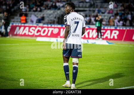 Aarhus, Danemark. 12 septembre 2021. Mustapha Bundu (7) de l'AGF vu pendant le match 3F Superliga entre Aarhus GF et Vejle Boldklub au parc Ceres à Aarhus. (Crédit photo: Gonzales photo - Morten Kjaer). Banque D'Images