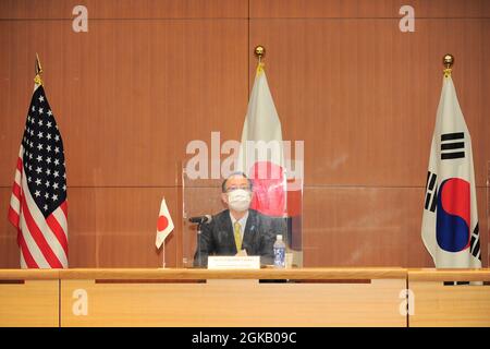 Tokyo, Japon. 14 septembre 2021. Funakoshi Takehiro, Directeur général du Bureau des affaires asiatiques et océaniennes (MOFA, Japon), prend la parole lors de la réunion trilatérale Japon-États-Unis-Corée sur la Corée du Nord, à Tokyo, au Japon. Crédit : SOPA Images Limited/Alamy Live News Banque D'Images