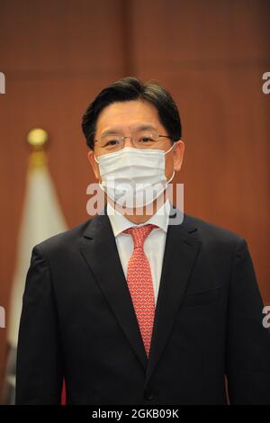 Tokyo, Japon. 14 septembre 2021. Noh Kyu-duk, Représentant spécial pour les affaires de paix et de sécurité dans la péninsule coréenne (MOFA, République de Corée), avance la Réunion trilatérale Japon-États-Unis-République de Corée sur la Corée du Nord à Tokyo, Japon. Crédit : SOPA Images Limited/Alamy Live News Banque D'Images