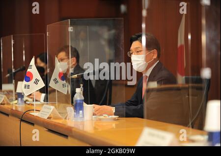 Tokyo, Japon. 14 septembre 2021. Noh Kyu-duk, Représentant spécial pour les affaires de paix et de sécurité dans la péninsule coréenne (MOFA, République de Corée), s'exprime lors de la réunion trilatérale Japon-États-Unis-Corée sur la Corée du Nord à Tokyo. Crédit : SOPA Images Limited/Alamy Live News Banque D'Images