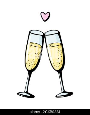 Scénario Doodle dessin à la main illustration de deux verres à champagne couple amour boisson cheers wineglasses vin mousseux sur fond blanc. Carte de voeux pour la Saint-Valentin, affiche de célébration d'anniversaire Illustration de Vecteur