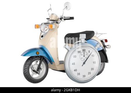 Chronomètre avec scooter motorisé, rendu 3D isolé sur fond blanc Banque D'Images