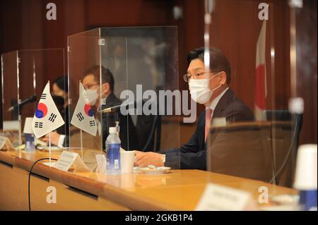 Tokyo, Japon. 14 septembre 2021. Noh Kyu-duk, Représentant spécial pour les affaires de paix et de sécurité dans la péninsule coréenne (MOFA, République de Corée), s'exprime lors de la réunion trilatérale Japon-États-Unis-Corée sur la Corée du Nord à Tokyo. (Photo de David Mareuil/POOL/SOPA Images/Sipa USA) Credit: SIPA USA/Alay Live News Banque D'Images