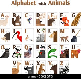 Alphabet avec animaux sauvages. Cartes à motif vectoriel mignons avec lettres pour enfants. Illustration de Vecteur