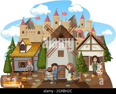 Village médiéval avec moulin à vent et illustration villageois Illustration de Vecteur