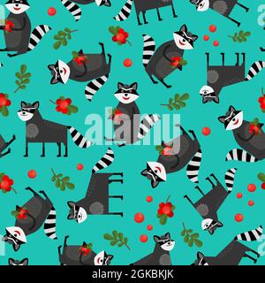 Motif sans couture avec ratons laveurs et baies sur fond bleu Illustration de Vecteur