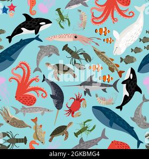 Motif sans couture des animaux marins sur fond bleu Illustration de Vecteur