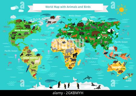 Carte du monde avec animaux et oiseaux Illustration de Vecteur