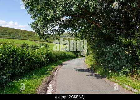 Country Lane à Moorfield près de Glossop, Derbyshire, Angleterre, par une journée ensoleillée à la fin de l'été. Banque D'Images