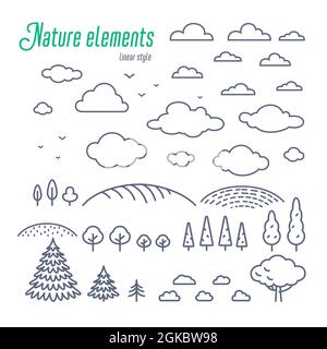 Éléments de ligne de paysage rural. Illustration vectorielle des icônes de campagne comme les arbres, les nuages et les collines. Illustration du vecteur de style de contour sur Illustration de Vecteur