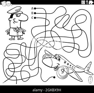 Dessin animé noir et blanc illustration de lignes labyrinthe jeu de puzzle avec pilote personnage et avion coloriage livre page Illustration de Vecteur