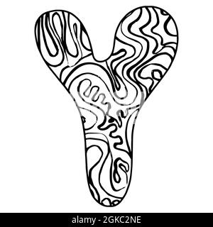 Alphabet stylisé Zentangle - lettre Y. Doodle noir blanc dessiné à la main. Modèle ethnique. Page de coloriage antistress pour adultes, africain, indien, totem. Illustration de Vecteur