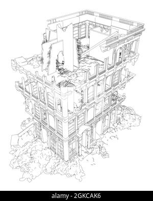 Contour d'un bâtiment détruit à partir de lignes noires isolées sur fond blanc. Vue isométrique. Illustration vectorielle. Illustration de Vecteur