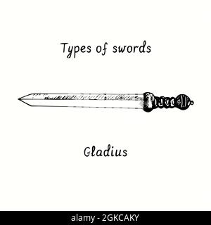 Types de mots-clés. Gladius. Dessin d'une boisée noire et blanche à l'encre. Banque D'Images