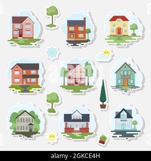 Ensemble de différentes maisons, plantes et autres éléments. Un ensemble d'autocollants. Illustration vectorielle dans un style plat. Illustration de Vecteur