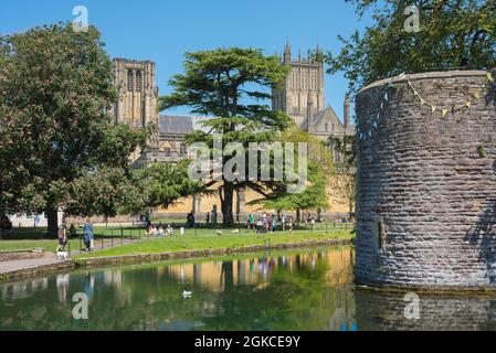 Puits, vue en été de la cathédrale de Wells et le coin nord-ouest des jardins et douves Bishop's Palace, Wells, Somerset, Angleterre, Royaume-Uni Banque D'Images