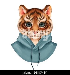 Mignon tiger cub en pull à capuche, illustration isolée sur blanc. Banque D'Images