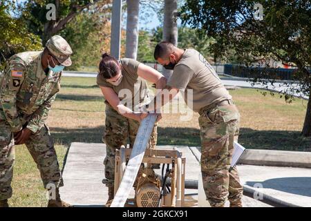 Sgt. 1re classe Kendell Richmond (à gauche) instruit le SPC. Jessie Weinman (au centre) et SPC. Alfonzo Perez (à droite) sur la façon d'amorcer une pompe à eau brute lors d'un cours d'exploitation de l'eau en dehors du 210ème Institut régional de formation, 16 mars 2021. Les élèves de la 210ème RTI, classe #21-102, effectuent des opérations d'eau sur une unité de purification d'eau à osmose inverse (ROWPU) de 3,000 gallons par heure. Cette classe comprend des soldats de la Californie, du Montana, de la Virginie occidentale, de l'Alabama et du Missouri. Banque D'Images