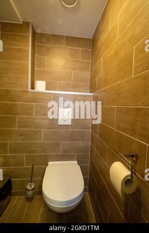 Toilettes modernes avec grands carreaux sombres dans la salle de bains Banque D'Images