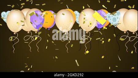 Image de ballons colorés volant et tombant confetti sur fond sombre Banque D'Images