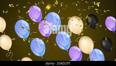 Image de ballons colorés volant et tombant confetti sur fond sombre Banque D'Images
