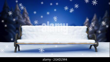 Image numérique des flocons de neige tombant sur le banc en paysage hivernal Banque D'Images