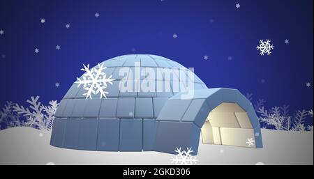 Image numérique des flocons de neige tombant au-dessus d'igloo sur un paysage hivernal Banque D'Images