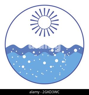 Logo marin rond. Le soleil aux rayons brille au-dessus de la mer. Les vagues bleues de l'océan s'enlisent. Les vagues transportent la tristesse. Les bulles d'air s'élèvent à travers l'eau. Mer en attente f Illustration de Vecteur