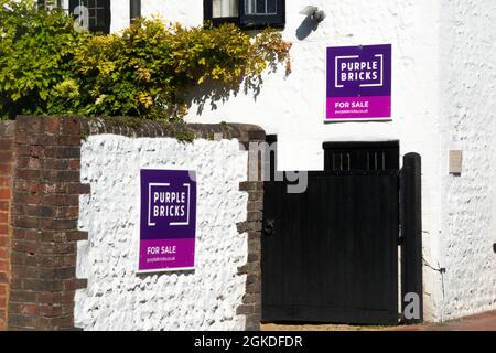 Une propriété / maison à vendre avec l'agent immobilier en ligne / en ligne Purple Bricks. Il y a deux planches attachées aux murs de la propriété. ROYAUME-UNI. (127) Banque D'Images