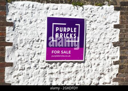 Une propriété / maison à vendre avec l'agent immobilier en ligne / en ligne Purple Bricks. Il y a deux planches attachées aux murs de la propriété. ROYAUME-UNI. (127) Banque D'Images