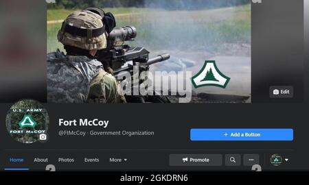 Cette capture d'écran de la page officielle de fort McCoy, Wisconsin, Facebook est présentée le 24 mars 2021. Cette page, ainsi que plusieurs autres pages et sites Web de présence en ligne, ont été la raison pour laquelle le Bureau des affaires publiques de fort McCoy a remporté un premier prix pour le Prix exceptionnel de gestion des médias numériques du Commandement matériel de l'Armée de terre 2020. Banque D'Images