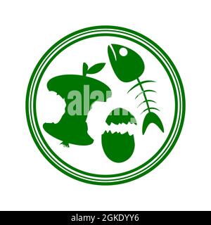 Panneau de déchets organiques isolé sur fond blanc. Icône des déchets alimentaires avec une souche de pomme, un poisson et une coquille d'œuf à l'intérieur du cercle. Symbole compostable. Vecteur Illustration de Vecteur