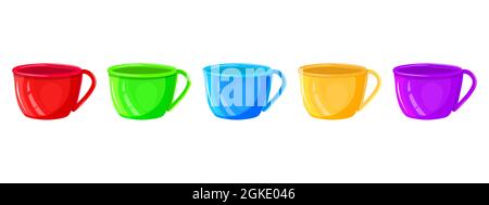 Différentes tasses de couleur isolées sur fond blanc. Tasses colorées en céramique ou en porcelaine. Thé ou tasses à café avec poignée. Illustration du vecteur de stock Illustration de Vecteur