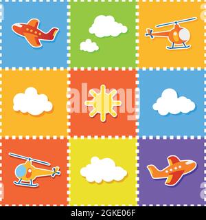 Motif mosaïque avec dessins. Avions, hélicoptères, ballons, nuages et soleil. Articles pour enfants. Véhicules aériens. Style des enfants de dessin vectoriel Illustration de Vecteur