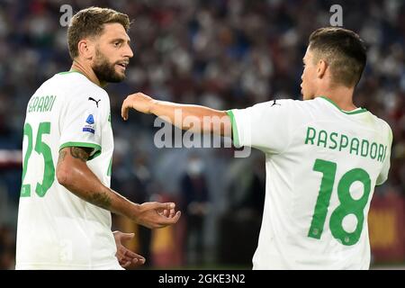 Roma, Italie. 12 septembre 2021. Domenico Berardi et Giacomo Raspadori des États-Unis Sassuolo lors de la série Un match de football entre AS Roma et US Sassuolo au stade Olimpico de Rome (Italie), le 12 septembre 2021. Photo Antonietta Baldassarre/Insidefoto Credit: Insidefoto srl/Alay Live News Banque D'Images